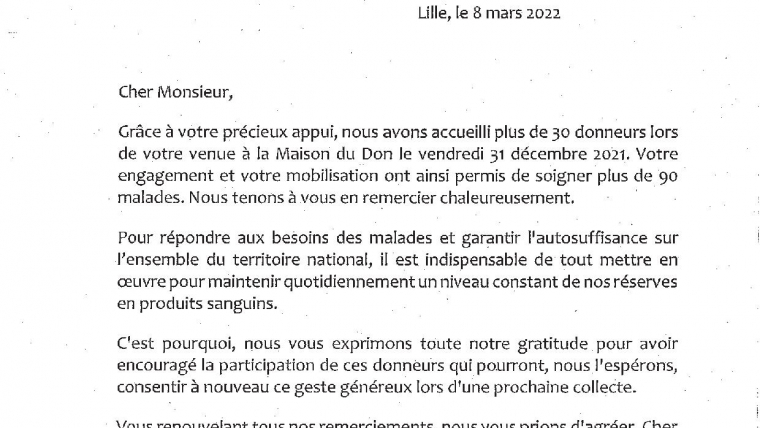 Don de sang : EFS – REMERCIEMENTS